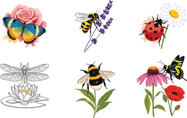 Fototapeta premium Collection of colorful insects and flowers including butterflies bees ladybugs and dragonflies in a charming illustrative style for nature and garden themes