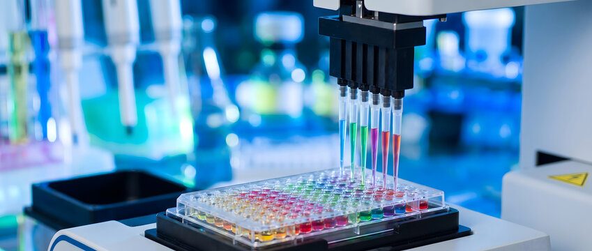 Automated pipetting system dispensing reagents into microplate for laboratory testing and analysis