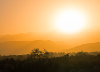 Fototapeta premium Golden sunrise over mountain silhouettes and desert trees