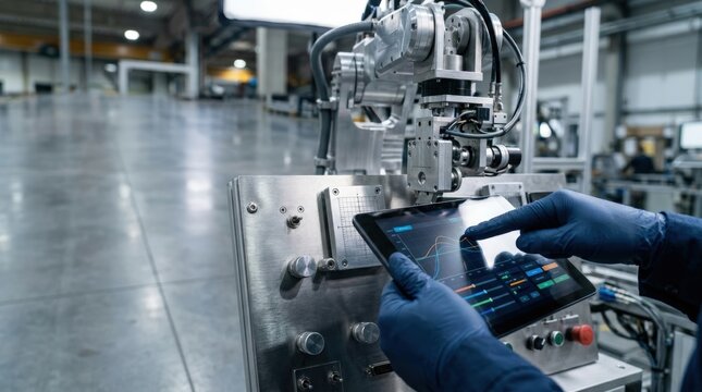 Gloved hands operating tablet to control industrial robotic equipment