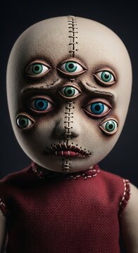 Eerie doll with multiple stitched eyes and an unsettling stare, a macabre art