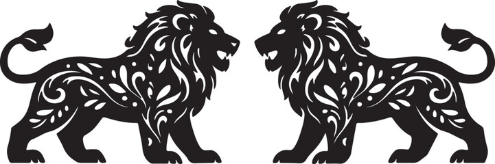 Fototapeta premium Ornamental Lion Pair Vector Illustration for Heraldic Logo Design, Luxury Branding and Tattoo Art