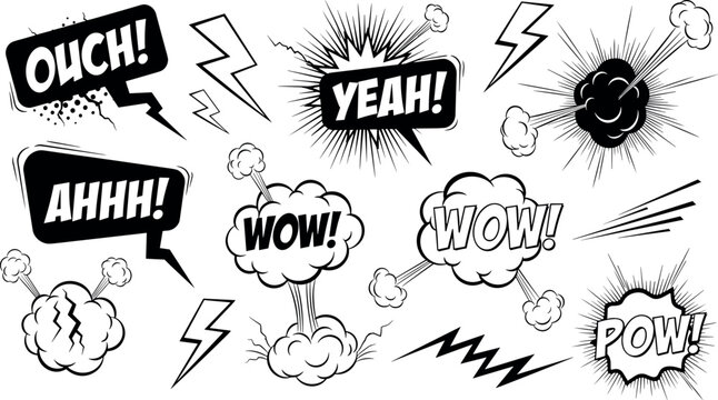 Black and White Comic Style Expressions Set with Ouch Yeah Ahhh Wow Pow and Other Popular Sound Words for Social Media Websites and Digital Media Designs