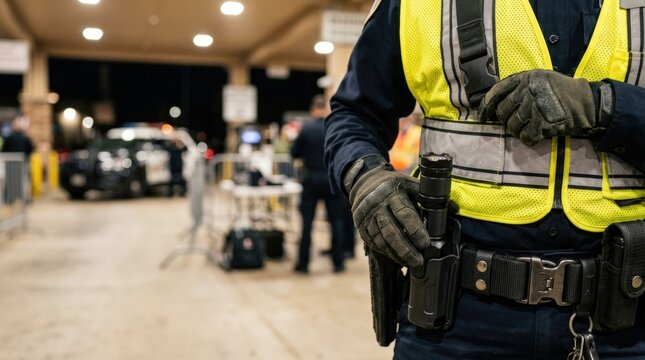Police officer adjusting reflective vest at security checkpoint