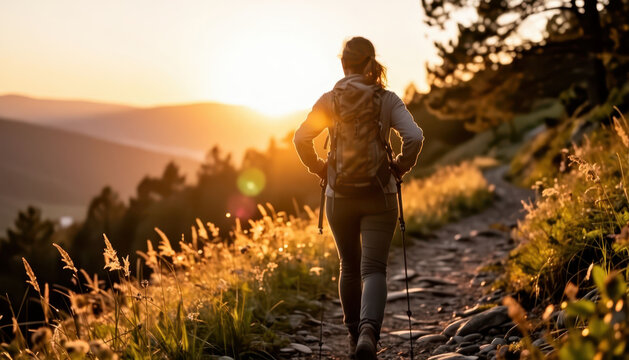 A woman walks along a rocky path during sunset. The sunset casts a warm glow over the woman and the surrounding grass and trees.