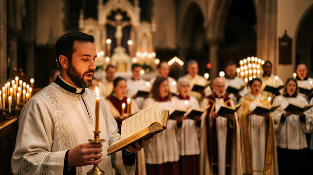 Male choir director in white robe holds candle and hymnal while leading a choir of singers in traditional attire during a religious service inside a church