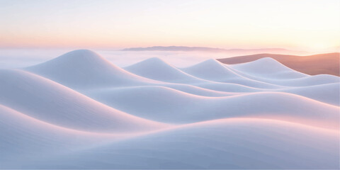 A breathtaking aerial view of a cold winter mountain landscape at sunset featuring white snow and high peaks above a mist of clouds and golden horizon fog © PIXEL