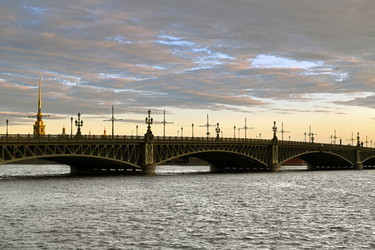 Troitsky (Trinity) Bridge, 10-span structure ofopening system with single-wing draw span at left bank Neva river on summer morning. St. Petersburg