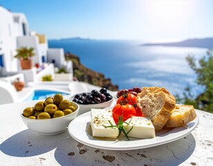 Fototapeta premium Traditional Mediterranean breakfast with feta cheese, olives, bread, and tomato served outdoors overlooking blue sea and white architecture of Greek island in summer