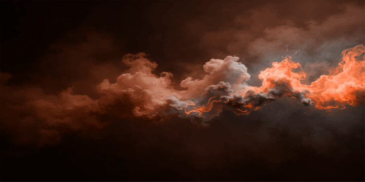 Dramatic fire and smoke fill the dark cloudscape at sunset as sunlight pierces through a stormy sky to create a nature background of light and color