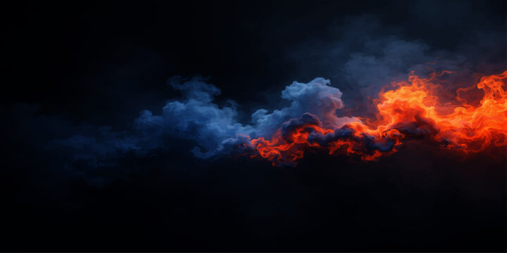 Abstract glowing orange flames and dark smoke burn against a black night sky in an exploding inferno of heat and red energy