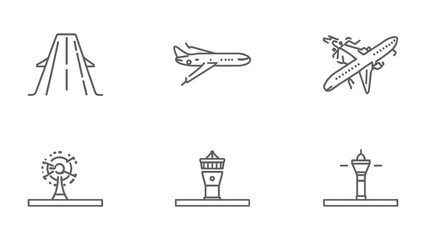 Fototapeta premium Airport Icons Set: Collection of detailed icons representing various aspects of air travel, perfect for informational graphics and thematic projects. 
