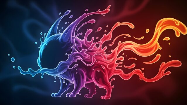 Vibrant splash art depicting two dynamic liquid creatures in a stunning contrast of cool blue and fiery red hues, merging abstract forms with energetic fluid motion on a dark background