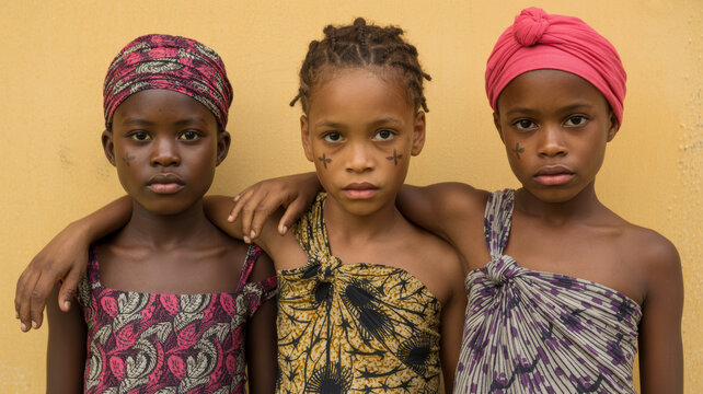 Three African Girls Wearing Traditional Clothing Standing Together In Front Of Yellow Wall For Cultural Diversity Concepts