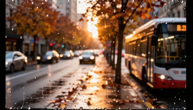A city street is visible during a rainy sunset. Raindrops cling to the window while a bus and cars pass by in the warm glow of the setting sun.