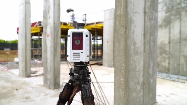 White laser scanner mounted on tripod. Concrete pillars frame construction site. Device emits red light for precise measurements. Workers perform tasks in background
