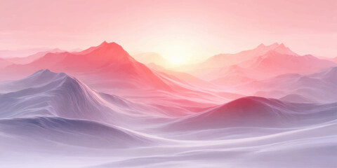 Fototapeta premium Abstract pink and purple background featuring a sunset sky with clouds over a misty mountain landscape and valley at morning