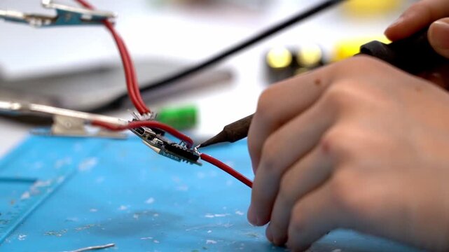 Hands hold wire and soldering iron over blue mat. Red wires connect to small electronic component. Focus on precise soldering technique. Ideal for electronics education or repair tutorials