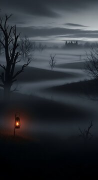 Eerie fog blankets rolling hills, a lone lantern illuminates a mysterious, dark landscape