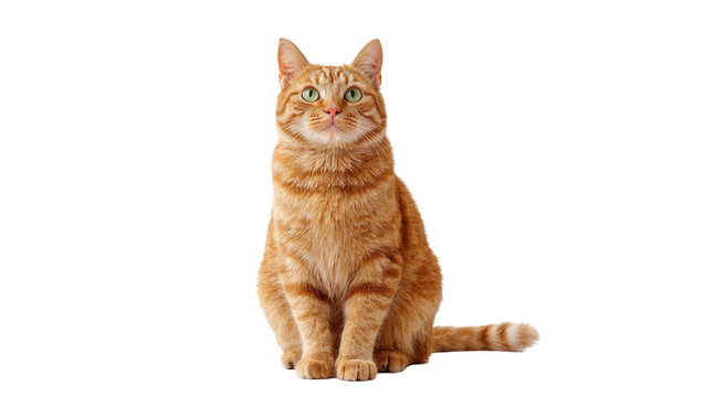 Ginger tabby cat sitting facing forward with green eyes
