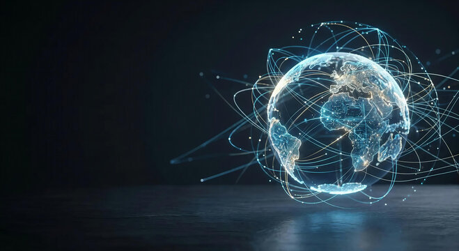 Glowing Digital Globe With Network Lines On Dark Background
