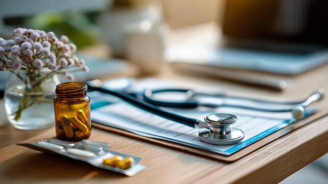Overhead flat lay of a doctor's prescription pad a stethoscope and a small bottle of generic capsules on a bright clean wooden desk prescription writing clinical desk