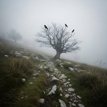Eerie, fog-shrouded mountain path winds past a gnarled tree with three crows