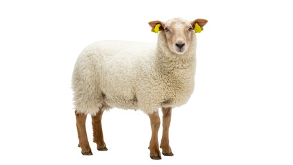 Fototapeta premium Fluffy White Wool Sheep with Yellow Ear Tags Standing