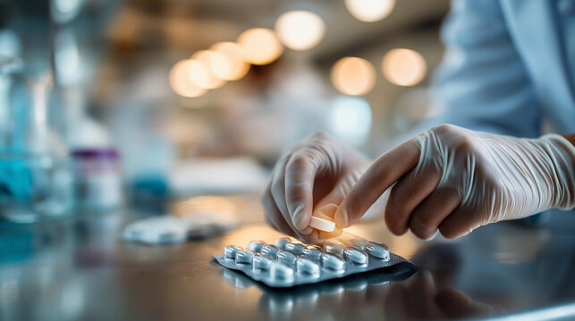 Close up of gloved hands pressing a tablet out of a foil blister pack on a bright softly defocused pharmacy counter blister pack gloved hands dose preparation prescription