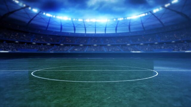 Cinematic Empty Football Stadium with Blue Lighting and Wide Arena View - Professional Soccer Background for Sports Intro, Broadcast Opening and Logo Placement Scene