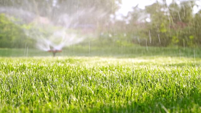 Water sprays over vibrant green grass. Sunlight glints through misty droplets. Garden sprinkler rotates slowly. Fresh turf glistens in morning light. Ideal for garden or outdoor scene projects