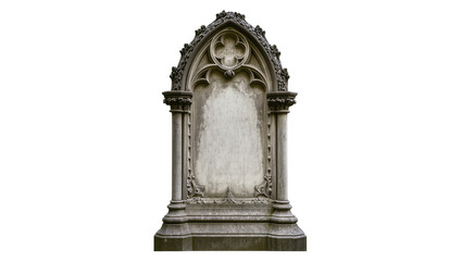 Antique weathered grey stone memorial with ornate gothic carvings