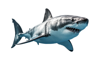 Fototapeta premium Great White Shark Swimming Side View with Visible Teeth and Fins
