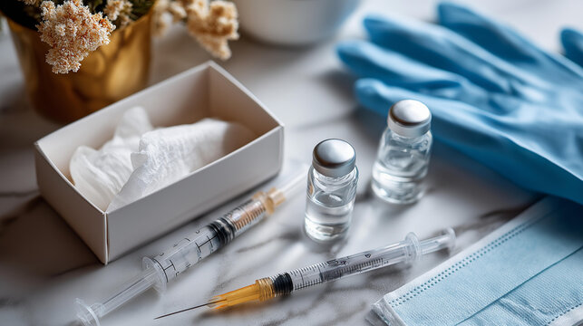 Overhead flat lay of a small box of generic syringes two empty vials gauze and a pair of gloves on a clean bright sterile surface sterile injection kit syringes generic