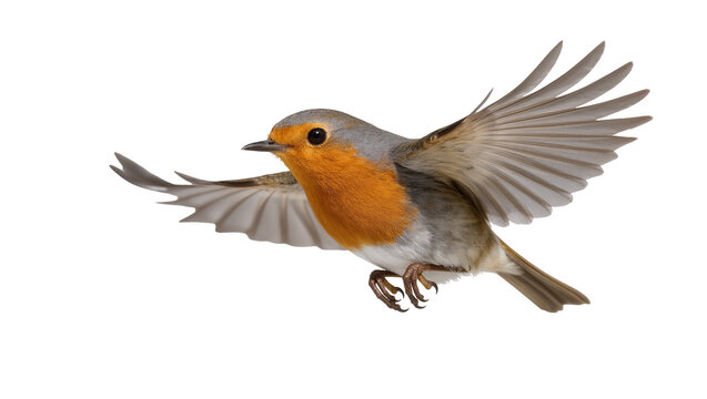 Flying European Robin with Spread Wings and Orange Breast