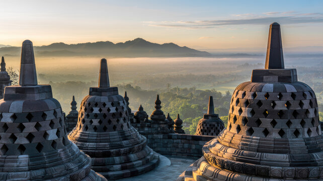 Borobudur Temple Stupas At Sunrise With Foggy Landscape For Travel And Cultural Concepts