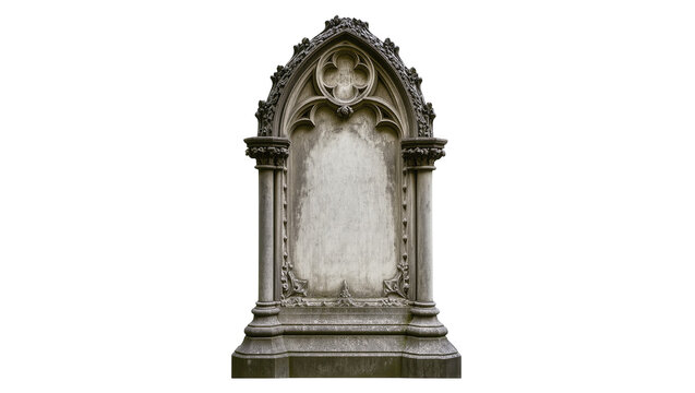 Antique weathered grey stone memorial with ornate gothic carvings