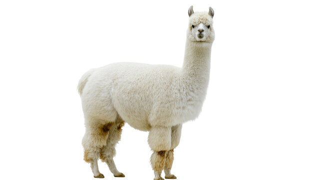 Standing Cream-colored Alpaca with Fluffy Wool and Brown Eyes