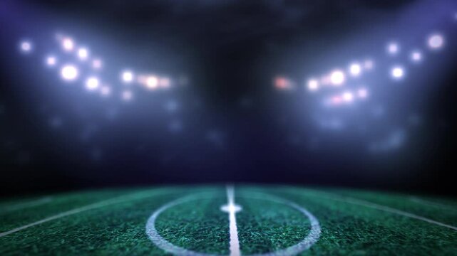 Empty Football Stadium Center Field with Dramatic Night Lighting and Blur Effect - Cinematic Soccer Arena Background for Logo Reveal and Sports Broadcast Intro Scene