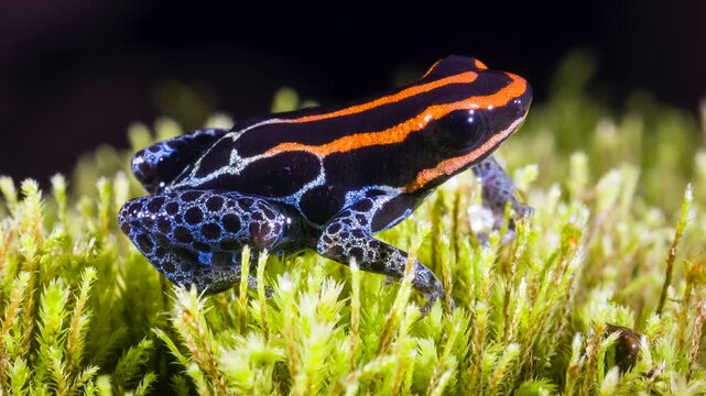 Reticulated Poison Frog (Ranitomeya ventrimaculata), Ecuador. Close-up. In the rainforest, Orellana province, Ecuador.