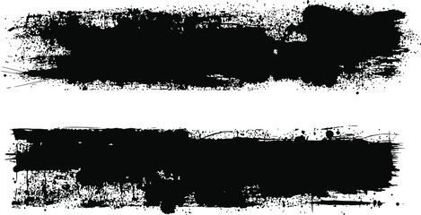 Fototapeta premium Grunge black paint brush strokes set with spray splatter and rough textured edges vectors.