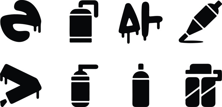 Graffiti spray can and tag icons set black silhouette style on white background