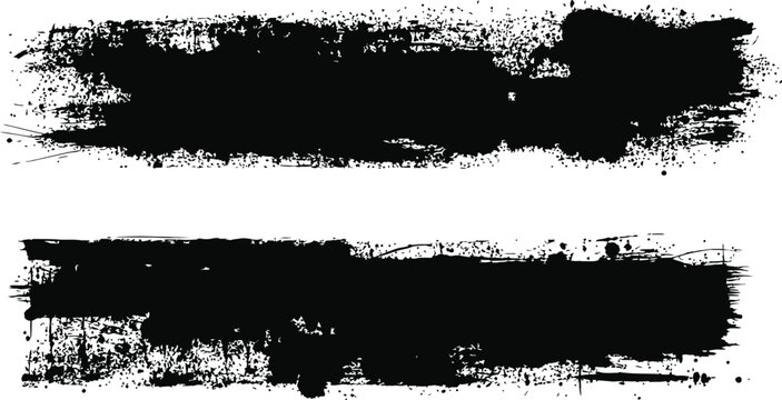 Grunge black paint brush strokes set with spray splatter and rough textured edges vectors.