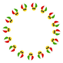 Fototapeta premium Circular arrangement of Italian flag heart shapes wearing sunglasses on a transparent background