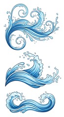 Fototapeta premium Dynamic, swirling blue water splashes and waves in three decorative designs