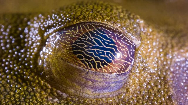 Close up of eye of the Map Treefrog (Boana ventrimaculata). Blinking and showing its characteristic reticulated nictitating membrane.  In the rainforest, Orellana province, Ecuador.