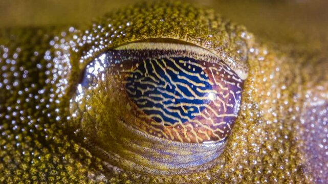 Close up of eye of the Map Treefrog (Boana ventrimaculata). Blinking and showing its characteristic reticulated nictitating membrane.  In the rainforest, Orellana province, Ecuador.