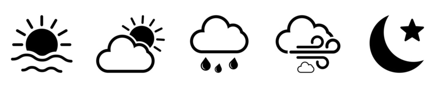 Weather icons set including sun cloud rain wind moon night forecast sky climate temperature forecast meteorology seasonal symbols clean outline design