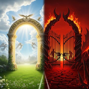 Dual portal angelic gateway to serene heaven vs fiery inferno gates of hell