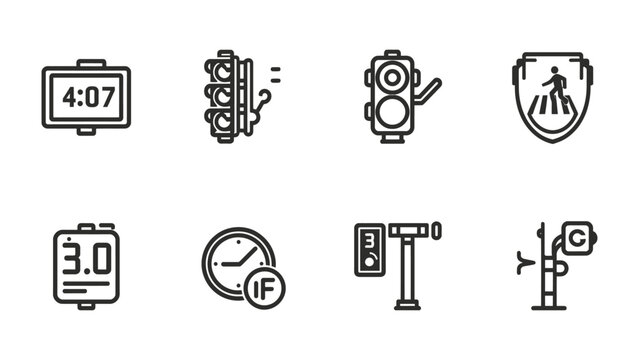 Traffic Signals and Indicators: A set of clean, minimalist line icons showcasing various traffic signals and pedestrian indicators.